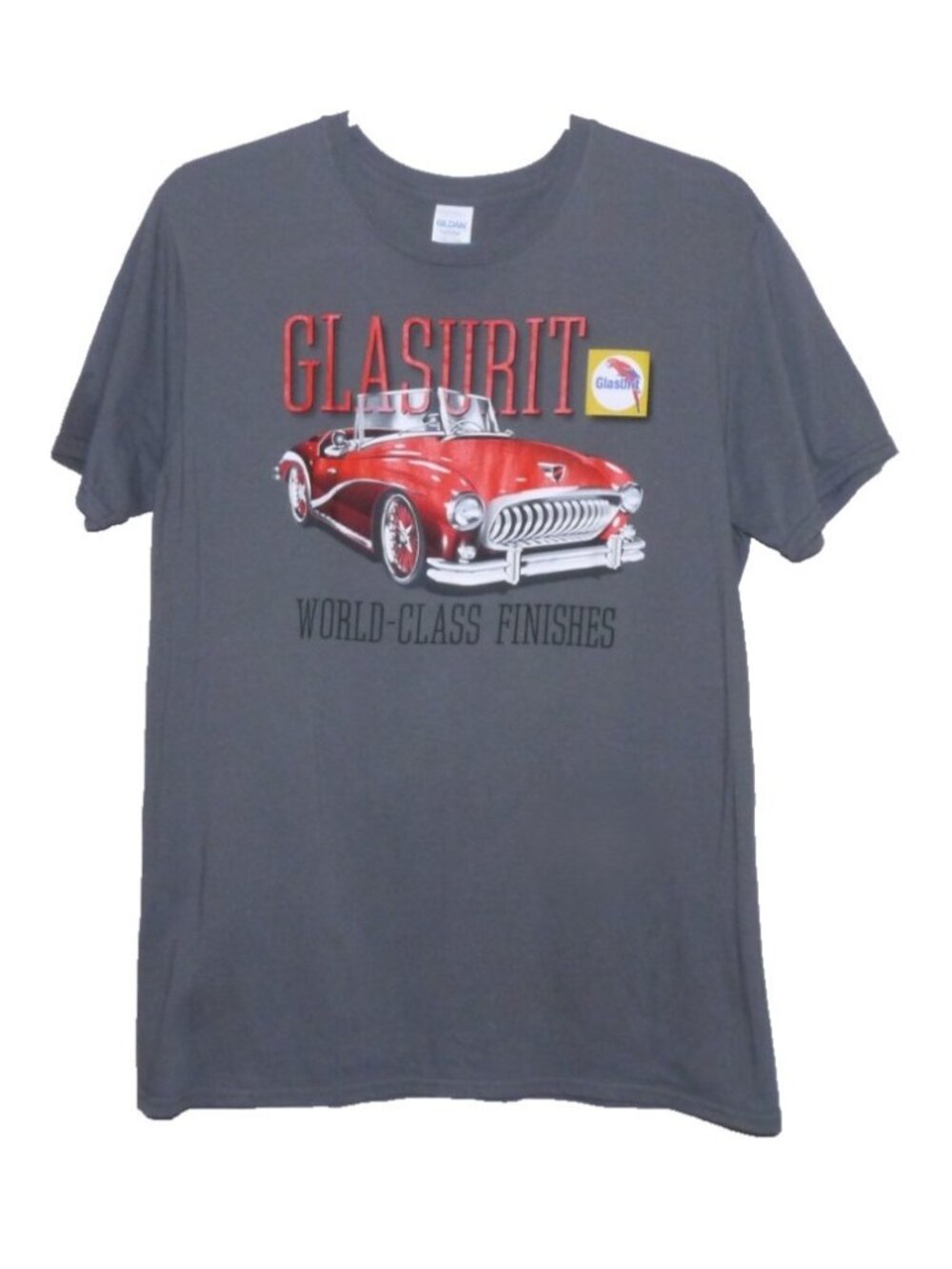 Gildan gray 100% cotton T Shirt red car Glasurit World Class Finishes Men's L
